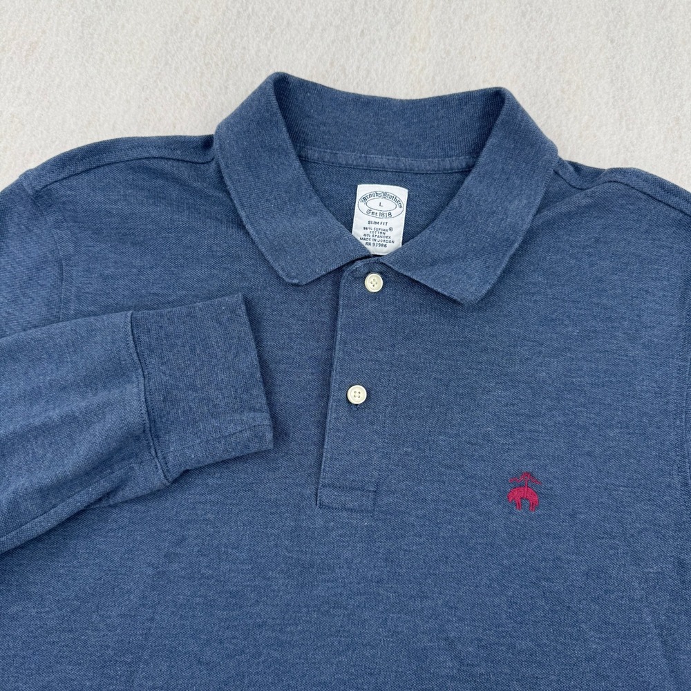 Brooks Brothers Mens L Slim Fit Supima Cotton Long Sleeve Polo Shirt Blue Preppy
